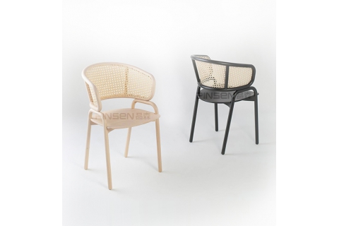 北歐藤藝靠背實(shí)木扶手餐椅