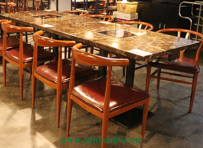 大理石火鍋桌椅 4人大理石電磁爐火鍋桌牛角椅組合