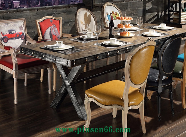 美式復(fù)古loft桌椅 美式復(fù)古酒店餐桌椅 大型餐廳超長鐵皮包邊鐵藝餐桌椅定制廠家