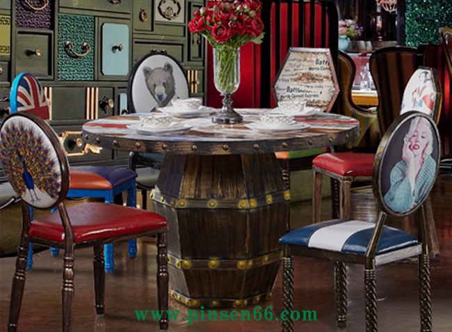 美式咖啡廳主題餐廳餐桌椅圓形鐵藝火鍋桌圓桌子組合復古工業(yè)風餐桌椅