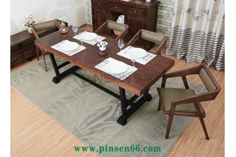 復古美式小戶型實木餐桌椅組合6人 簡約北歐鐵藝餐桌飯桌大長方桌