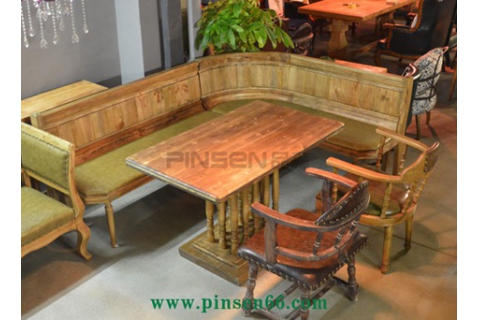 歐式簡約茶餐廳主題餐廳實(shí)木卡座沙發(fā)-主題餐廳桌椅廠家定制